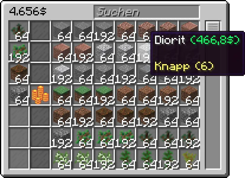 Das geöffnete BotShop-GUI mit ein paar ausgewählten Items: